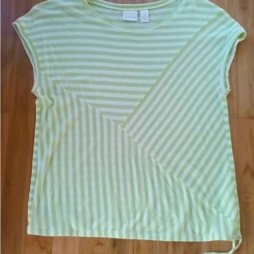 🍀Chico's Linen Blend Green & White Stripe, Cap Sleeves, Draw String Hemline. L